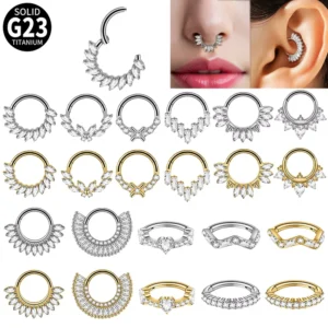 RENSINO G23 Titanium Plated Zircon Marquise Shape Segment Ring Nose Ring Crown Heart Shaped Teardrop Closure Piercing Ear Studs