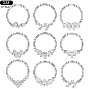 RENSINO G23 Titanium Seamless Nose Rings with CZ Crystal Charms Hypoallergenic Hinged Clicker for Septum Daith Tragus Cartilage Piercing