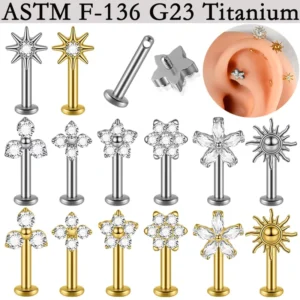 RENSINO G23 Titanium Side Hole Internal Thread T shaped Flat bottom Lip Stud Electroplated Sunflower Zircon Piercing