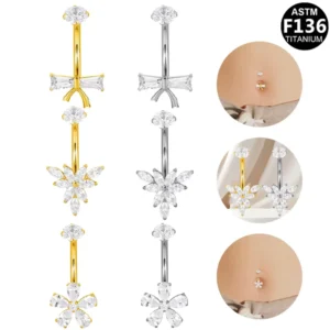 RENSINO G23 Titanium Unisex Navel Belly Button Rings Gold Plated Flower Clear Zircon Dangle Body Jewelry