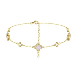 RENSINO GMA04 Polished Natural Four Leaf Clover Shell Pearl Adjustable Size 925 Sterling Silver Chain Anklet for Women