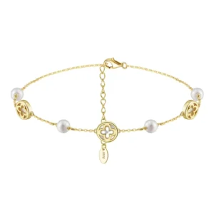 RENSINO GMA06 Hollow Four Leaf Clover Shell Pearl Anklet Fashion Sterling Silver White Gold Plated Girlfriend Anklet Gift