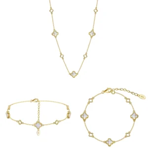 RENSINO GMB68+GMN61+GMA04 Polished Natural Four-Leaf Clover Shell Pearl Adjustable Size 925 Sterling Silver Jewelry Set