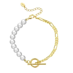 RENSINO GPB06 925 Silver Pearl Bracelet Half Baroque Freshwater Pearls Beads Half Figaro Chain Gold Plated Bracelets for Women
