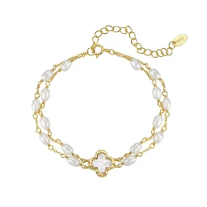 RENSINO GPB54 925 Sterling Silver Handmade Four Leaf Clover Bracelet Freshwater Pearl Dainty Gold Plated Jewelry Bracelet