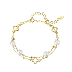 RENSINO GPB55 S925 Sterling Silver Gold Plated Double Layer Natural Freshwater Pearl Hollow Clover Adjustable Bracelet for Women