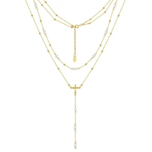 RENSINO GPN105 925 Sterling Silver Natural Freshwater Pearl Cross Pendant Lariat Stacking Necklace for Women Daily Jewelry