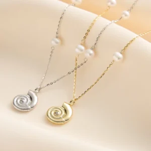 RENSINO GPN84 Freshwater Pearl Chain Necklace 14K Gold Plated 925 Sterling Silver with Diamond Conch Shell Pendants Necklace