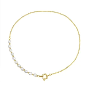 RENSINO GPN93 925 Silver 14k Gold Plated Asymmetric Necklace Freshwater Pearls and Bead Chain Delicate Half Pearl Half Chain