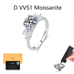RENSINO GRA Certification Customized 925 Sterling Silver Moissanite Female Ring Platinum Plated D VVS 2CT Round Ring For Women Gift