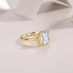 RENSINO GRA Certified D VVS Moissanite Ring Gold Plated Classic Emerald Cut Engagement 925 Silver Diamond Ring Women