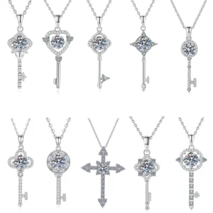 RENSINO GRA Certified Moissanite S925 Sterling Silver Lucky Necklace Pendant for Women D Color 1ct Key shaped Moissanite Necklace