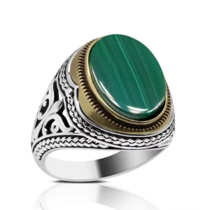 RENSINO Genuine 925 Sterling Silver Men’s Ring with Green Natural Malachite Stone Handmade Vintage Turkish Silver Ring for Men Jewelry