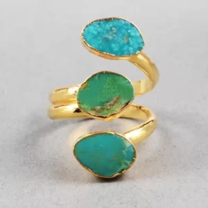 RENSINO Genuine Fashion Turquoise Gemstone Wire Ring Three Stone Turquoise Ring in 18k Gold Plated Adjustable Ring