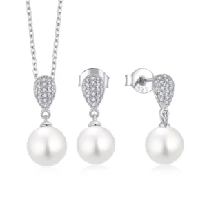 RENSINO Genuine Natural White Freshwater Pearl Jewelry Set 925 Sterling Silver Pearl Necklace and Earrings Set for Weddings