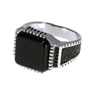 RENSINO Genuine Solid 925 Sterling Silver Turkish Rings for Men Black Rings With Stone Square Natural Onyx Vintage Silver Men Jewelry