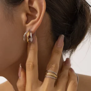 RENSINO Geometric 18K Gold Plated Silver Color Layered Earrings Stainless Steel Three Layer Hoop Earring