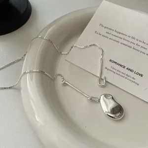 RENSINO Geometric Irregular Glossy Big Bean Shape Pendant Necklace for Women 925 Sterling Silver Box Chain Jewelry