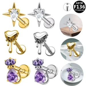 RENSINO Getta ASTM F136 Titanium Heart Cartilage Earrings Gold Plated Star Hypoallergenic Body Piercing Jewelry