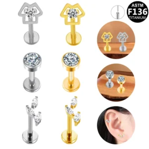 RENSINO Getta ASTM F136 Titanium Heart Cartilage Earrings Gold Plated Star Hypoallergenic Body Piercing Jewelry