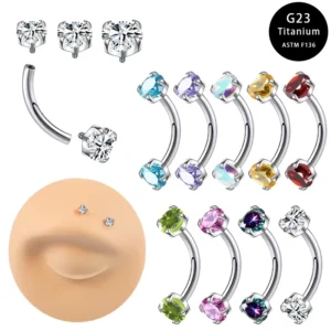 RENSINO Getta G23 ASTM Titanium Alloy Body Jewelry Double Ended Zircon Soft Curved Rod for Eyebrow & Nose Ring Facial Piercing Jewelry