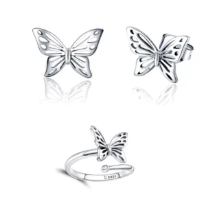 RENSINO Girls Jewelry 925 Sterling Silver Butterfly Ring Earrings Set
