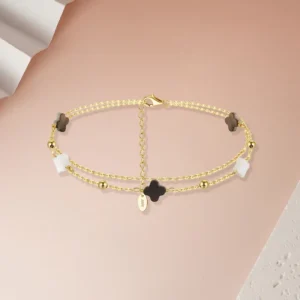 RENSINO Girl’s Party Summer 925 Sterling Silver Multi Stone White Shell Black Onyx Chain Charm Anklets for Women