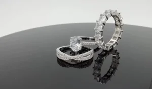 RENSINO Glamorous S925 Silver Zircon 3-Piece Ring Set with Oval & Eternity Band Wedding Party Gift Jewelry for Women