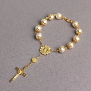 RENSINO Glass Pearl Catholic Rosary Bracelet Gold Silver Cross Religious Prayer Bracelet for Baptism