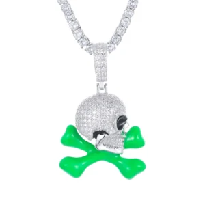 RENSINO Glow in the Dark Skull Pendant Necklace 925 Solid Silver VVS Moissanite Diamond Skeleton Danger Sign Pendant