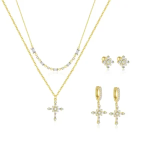 RENSINO Glowluxe 925 Sterling Silver Jewelry Set Shining Cross Necklace Earring Gold Plated Zircon Trendy Trendy Weddings Engagements