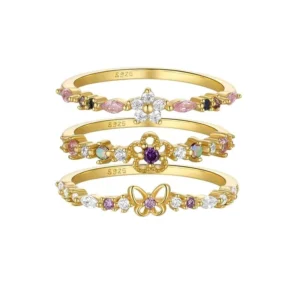 RENSINO Glowluxe Fine Fashion 925 Sterling Silver Jewelry Gold Plated Flower Butterfly Zircon Rings