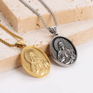 RENSINO God Jesus Sacred Heart Amulet Medal Religious Christian Catholic Stainless Steel Pendant Fashion Jewelry Necklace