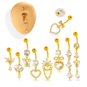 RENSINO Gold Barbell Style Belly Button Ring Zircon Navels Piercing Butterfly Dangle Navel Stud Hypoallergenic Jewelry