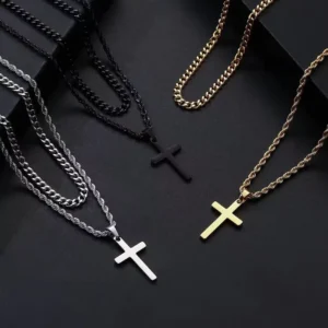 RENSINO Gold Black Silver Stainless Steel Layered Cross Pendant Necklace With Cuban Chain Box Chain Jewelry for Fashionable Gifts SS-108