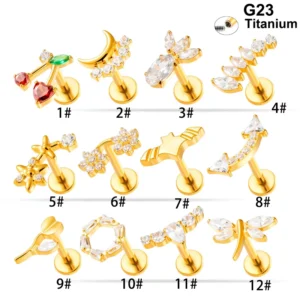 RENSINO Gold Cartilage Earring ASTM F136 Titanium Jewelry CZ Marquise Cherry Moon Flat Back Stud Earrings Ear Lobe Tragus Piercing