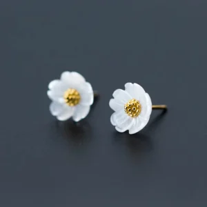 RENSINO Gold Color Stamen Earrings 925 Sterling Silver Exquisite Sweet Shell Flower Stud Earrings for Women Fine Jewelry