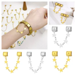 RENSINO Gold Color Star Sweet Bow Knot Chain Tassel Italian Charm Link Fit 9mm Stainless Steel Bracelet Women DIY Making Gifts