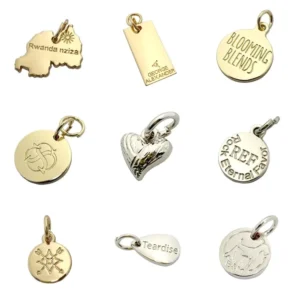RENSINO Gold Cut Out Charms Zinc Alloy Custom Small Round OEM Metal Jewelry Label With logo