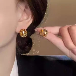 RENSINO Gold Hollow Spherical Stud Earrings for Women Shiny Metal Openwork Design Lightweight for Daily Party