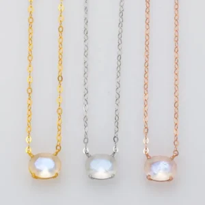 RENSINO Gold Plated 925 Sterling Silver Vermeil Natural Rainbow Moon Stone Pendant Necklace