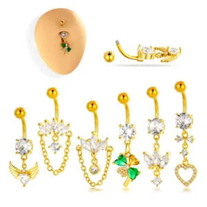 RENSINO Gold Plated Belly Button Rings CZ Geometry Heart Pendant Navel Stud Externally Thread Ball Back Navels Piercing Jewelry