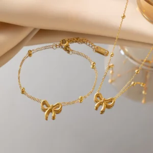 RENSINO Gold Plated Bow Knot Bracelet Earrings Jewelry Set Adjustable Stainless Steel Beads Bowknot Pendant Necklace for Women Girl Gift