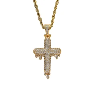 RENSINO Gold Plated Brass AAA CZ Cross Pendant Necklace with Rope Chain Hip Hop Jewelry for Men and Women Party Gift