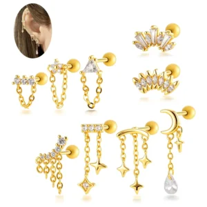 RENSINO Gold Plated Cartilage Earrings CZ Geometry Long Dangle Ball Back Stud Earring Externally Thread Tragus Piercing