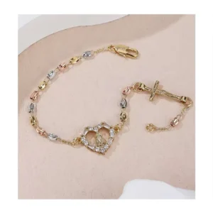 RENSINO Gold Plated Couple’s Bracelets Zircon Geometric Pattern Hand Bangle Ankle Jewelry Chain Link Bracelet Christian Religious Symbol