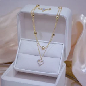 RENSINO Gold Plated Heart Charm Pendant Necklace Set Dainty Double Layered Shiny Rhinestone Zircon Necklace for Women Jewelry