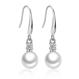 RENSINO Gold Plated Long Micro Pave Zircon Pearl Stud Earrings