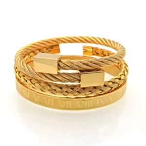 RENSINO Gold Plated Luxury Bracelet Set Fashion Roman Numeral Bangle + Golden Braided Open Ring + Gilt Bracelet Men Women Jewelry