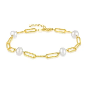 RENSINO Gold Plated Pearl Link Bracelet 925 Sterling Silver Twisted Chain Design Pearl Bracelet Jewelry for Women